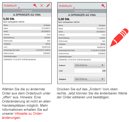 Ordernderung mit der mobile App